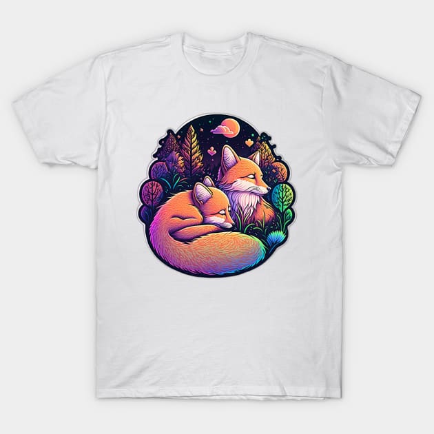 Sleepy Foxes Vibrant Illustration T-Shirt by Remix Rick